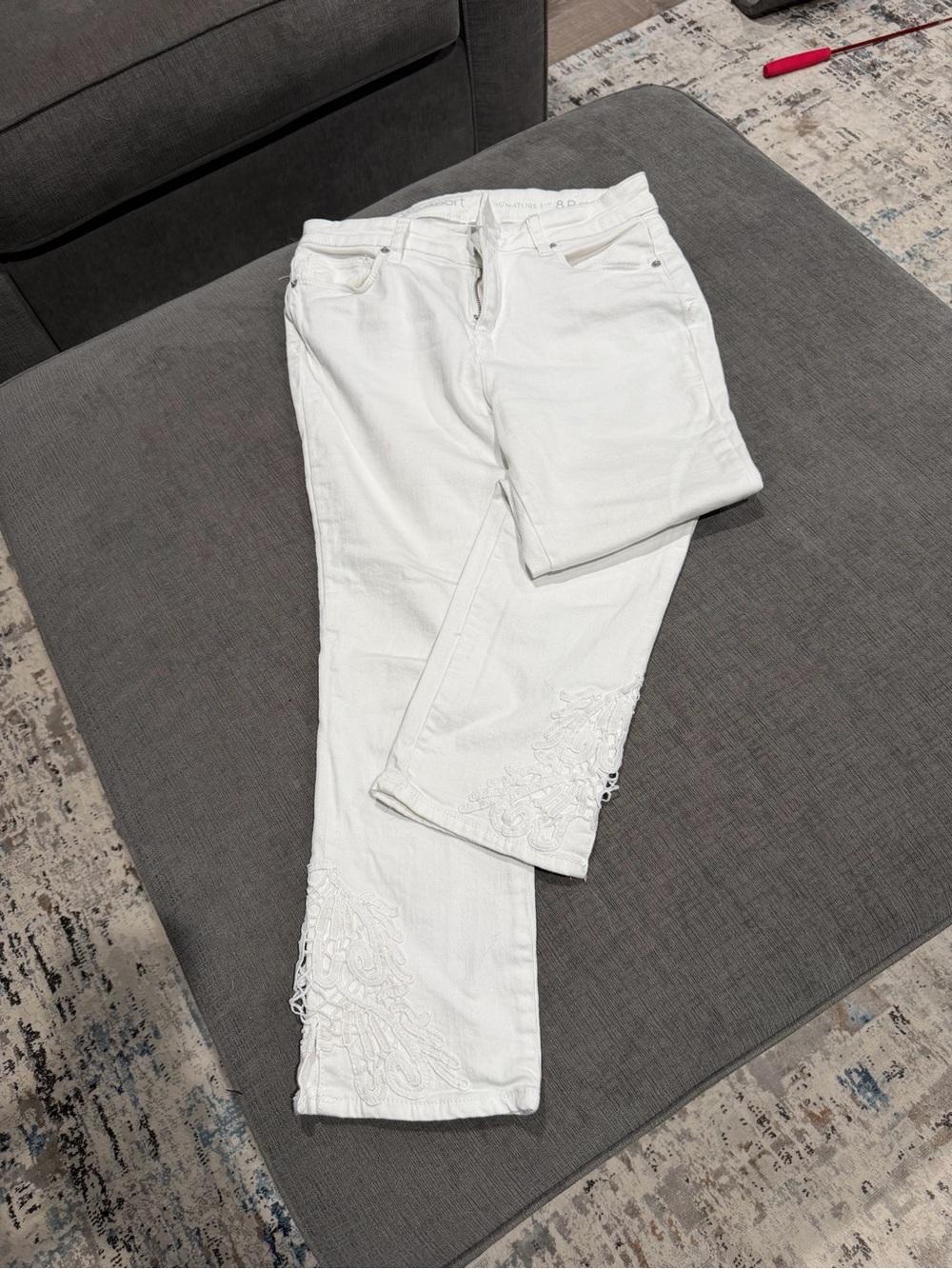 Westport White Straight Leg Jeans with Embroidered Hem Detail